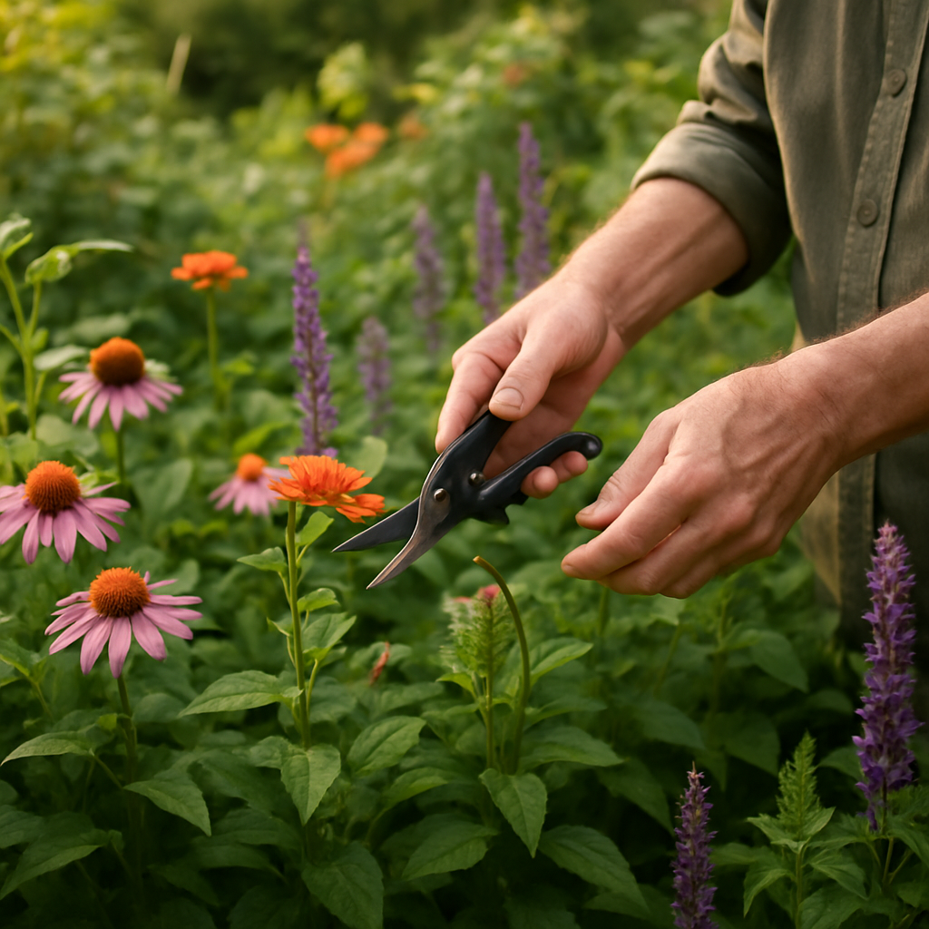 A horticulturist tending a flourishing flower bed