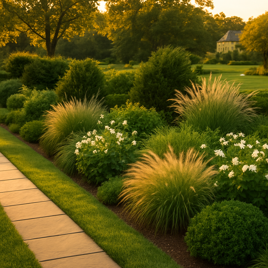 Layered perennial border along a stone walkway