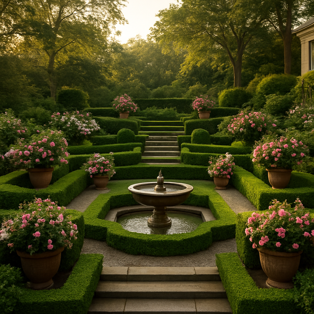 Terraced estate garden with clipped hedges and fountain