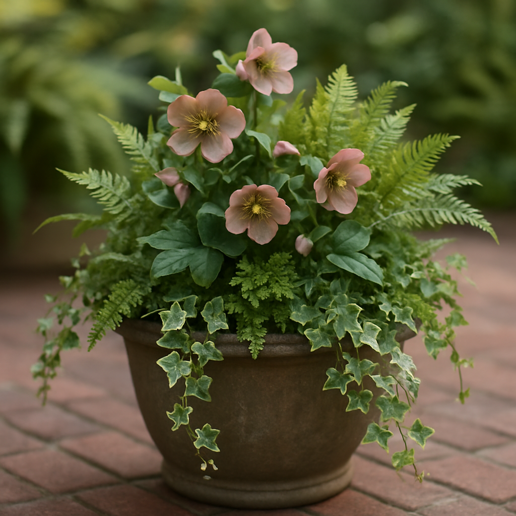 Styled garden container with mixed plantings